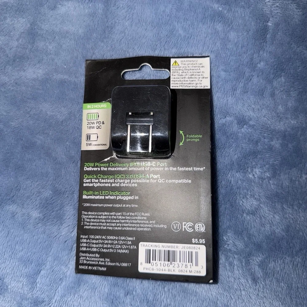 20W PD USB-C Wall Charger Black Fast Charge Foldable Prongs LED‎ Indicator